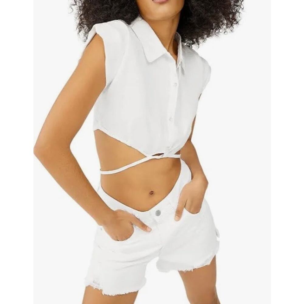 DL1961 Ines Crop Shirt Womens XS White Linen Tie Waist Button Down Blouse